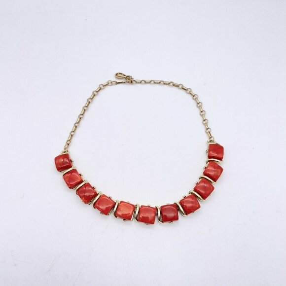 Coro Vintage Women's Orange Square Necklace Gold Tone Chain - Picture 2 of 11